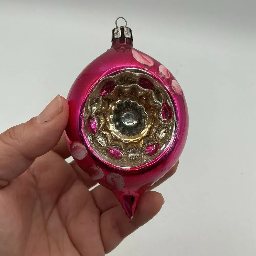 Vintage Mercury Glass Indent Christmas Ornament Pink Floral Teardrop 4.5”